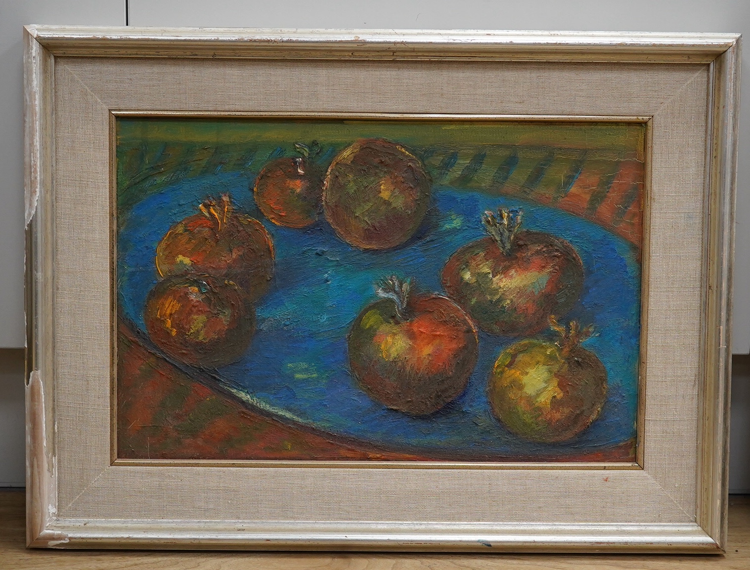 Isobel Knight Barnard, three oils on canvas and board, Still life’s of fruit and vessels, two signed, largest 39 x 49cm. Condition - good